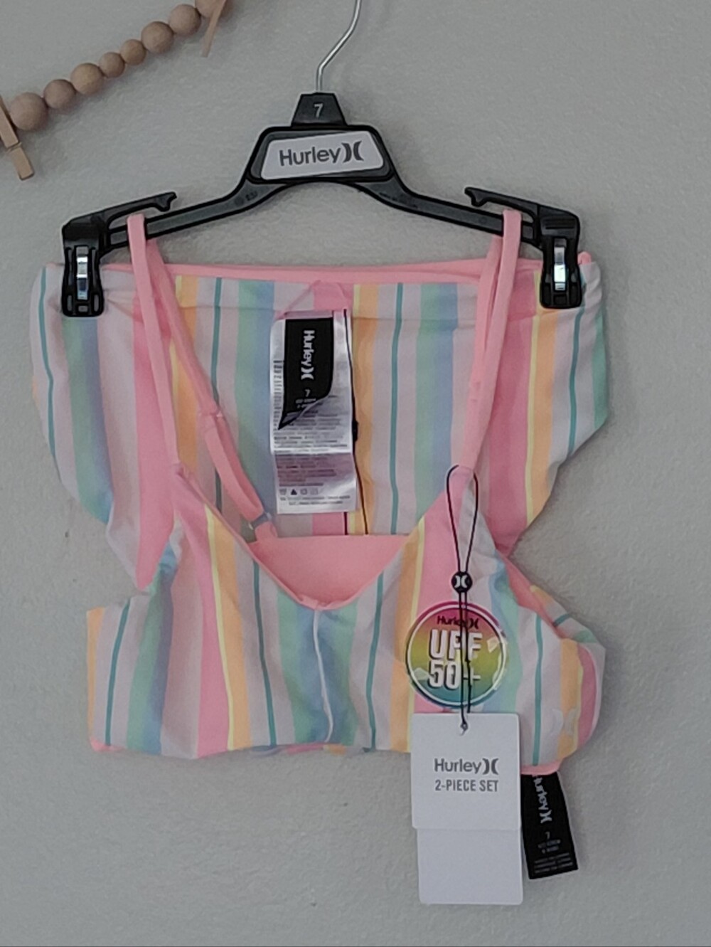 Hurley UPF 50 Rainbow Stripe Girls Swim Bikini Set NWT Size 7